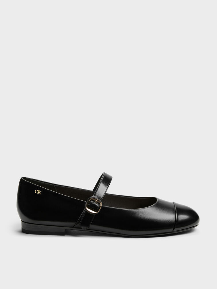 Leather Cap-Toe Mary Janes, Black, hi-res