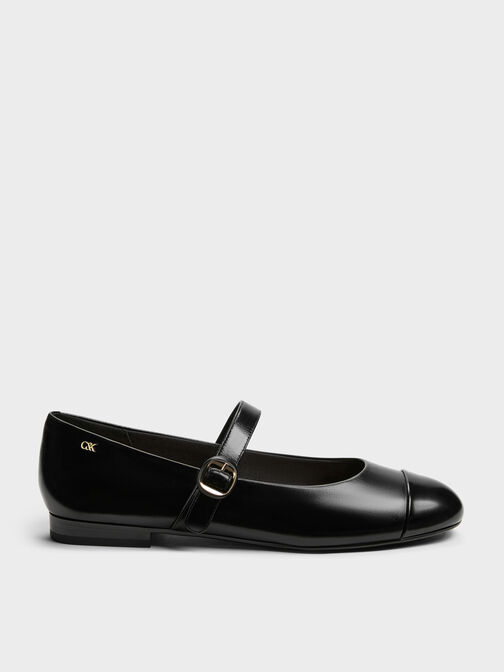 Leather Cap-Toe Mary Janes, Black, hi-res