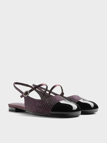 Pearl & Crystal-Embellished Cap-Toe Slingback Mary Jane Flats, Burgundy, hi-res