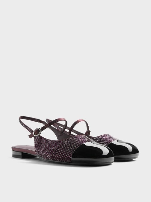 حذاء ماري جين فلات بكاب تو مزين باللؤلؤ والكريستال مع حزام خلفي, برغندي, hi-res