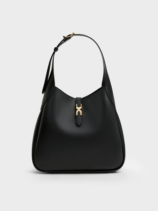 Adalyn Metallic-Buckle Belted Hobo Bag, Black, hi-res