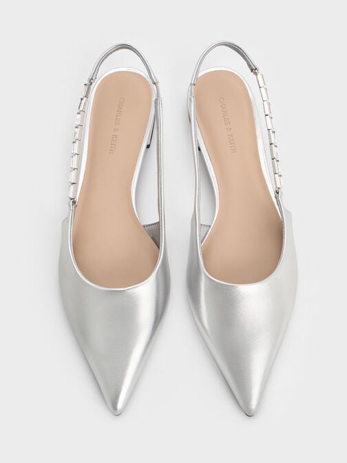 حذاء باليه مسطح سلينجباك بحزام بلمسة معدنية ومزين بالكريستال, فضي, hi-res