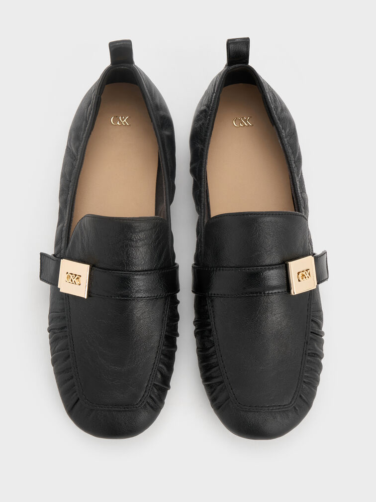 Cody Leather Metallic-Buckle Ruched Loafers, Black, hi-res
