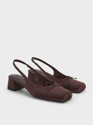 Sadira Satin Bow Square-Toe Slingback Pumps, Dark Brown, hi-res