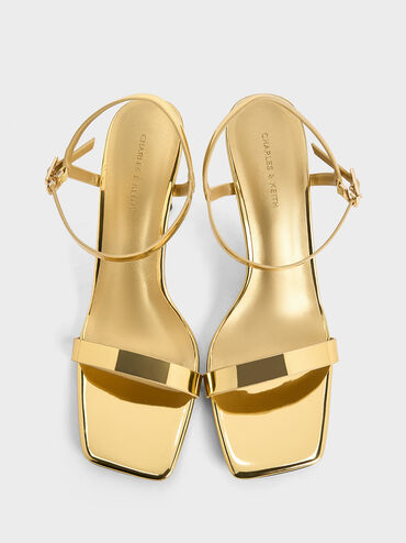 Metallic Square-Toe Ankle-Strap Heeled Sandals, Gold, hi-res