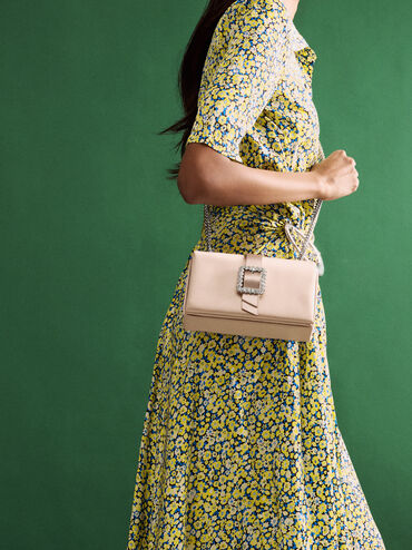 حقيبة ساتان بحزام ومقبض سلسلة وإبزيم كريستالي, نود خوخي دافئ, hi-res