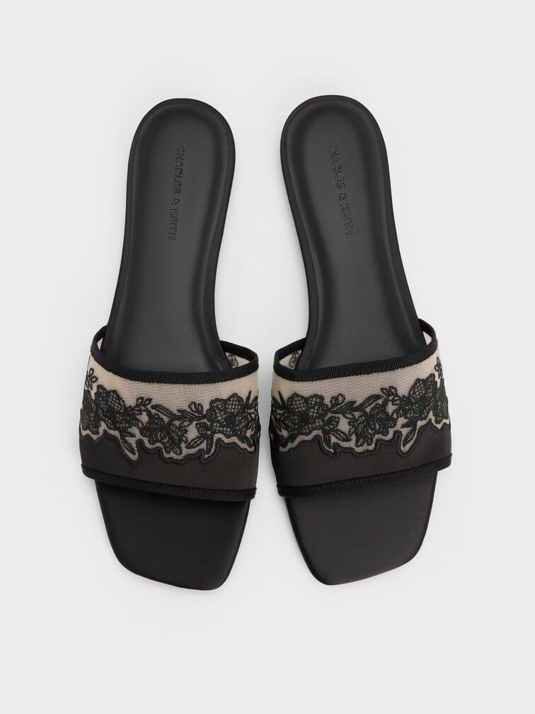 Satin Embroidered-Mesh Slide Sandals, Black Textured, hi-res