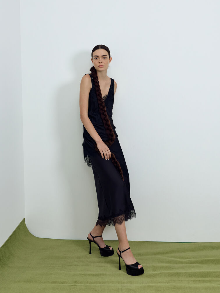 Francesca Peep-Toe Platform Heels, Black Textured, hi-res