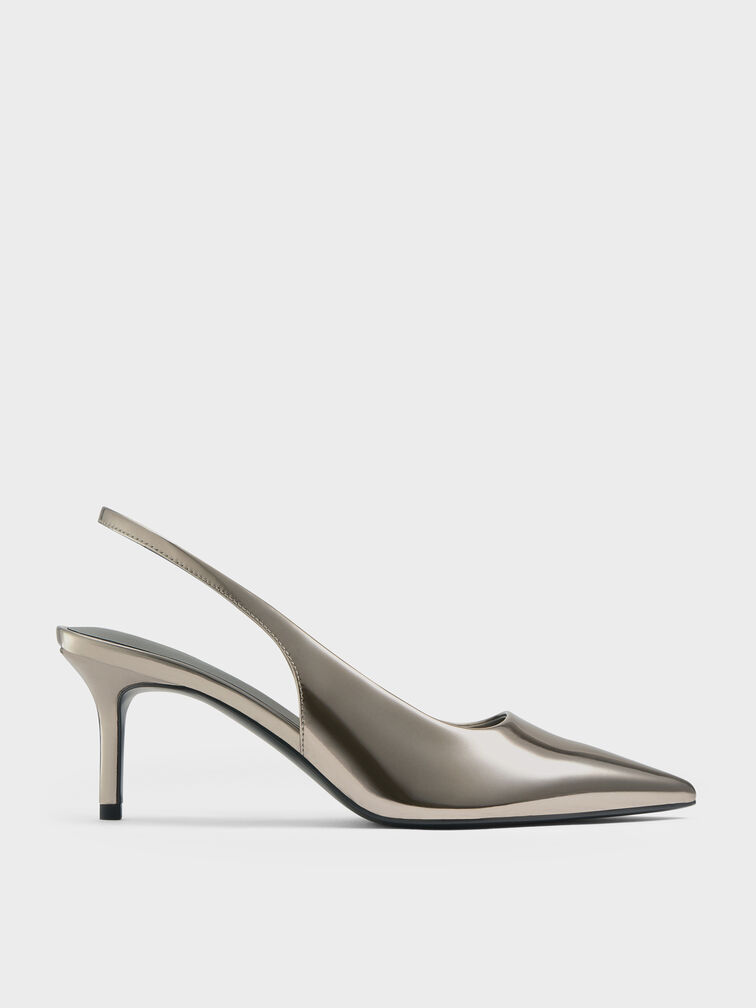 Kaia Metallic Pointed-Toe Slingback Pumps, Pewter, hi-res