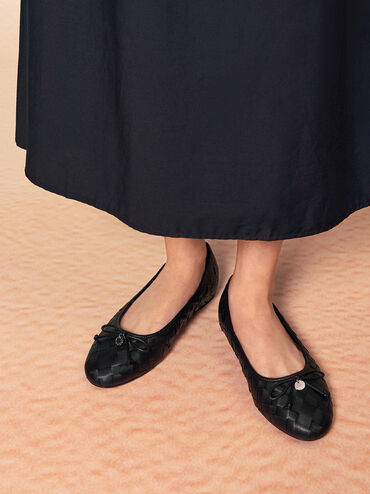 حذاء باليه إيڤيت مسطح منسوج ومزين بفيونكة, أسود, hi-res