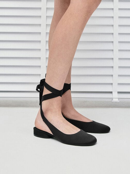 Satin Tie-Around Ballet Flats, Black Textured, hi-res