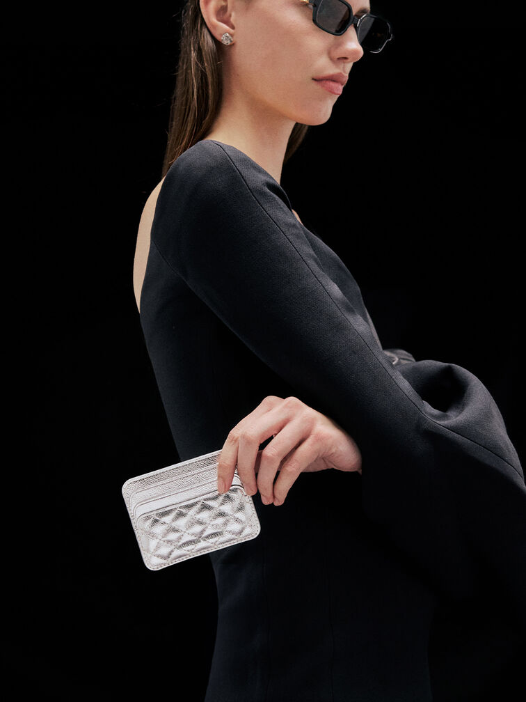 Cleo Metallic Quilted Card Holder, Silver, hi-res