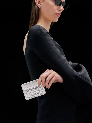 Cleo Metallic Quilted Card Holder, Silver, hi-res