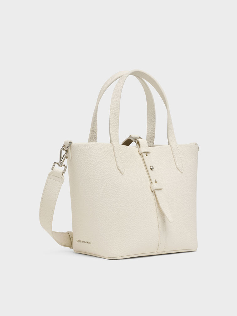 Beryl Recycled Leather Double-Handle Belted Bucket Bag, Cream, hi-res