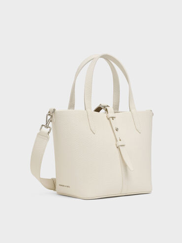 Beryl Recycled Leather Double-Handle Belted Bucket Bag, Cream, hi-res