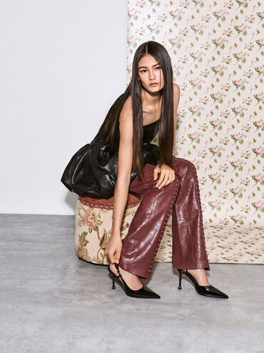 Wynn Patent Pointed-Toe Sculptural-Heel Slingback Pumps, Black Patent, hi-res