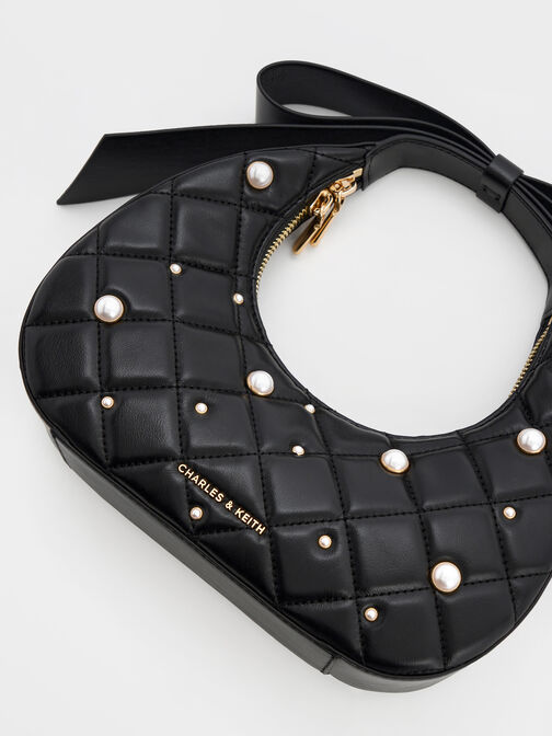 Janie Quilted Pearl-Embellished Bow-Handle Crescent Bag, Black, hi-res