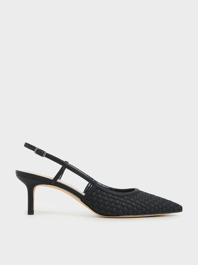 Woven Slingback Pumps, Black, hi-res