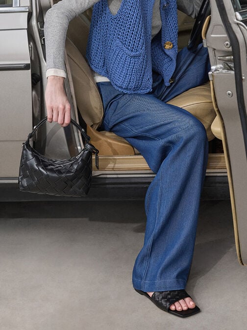 Ivette Woven Shoulder Bag, Noir, hi-res