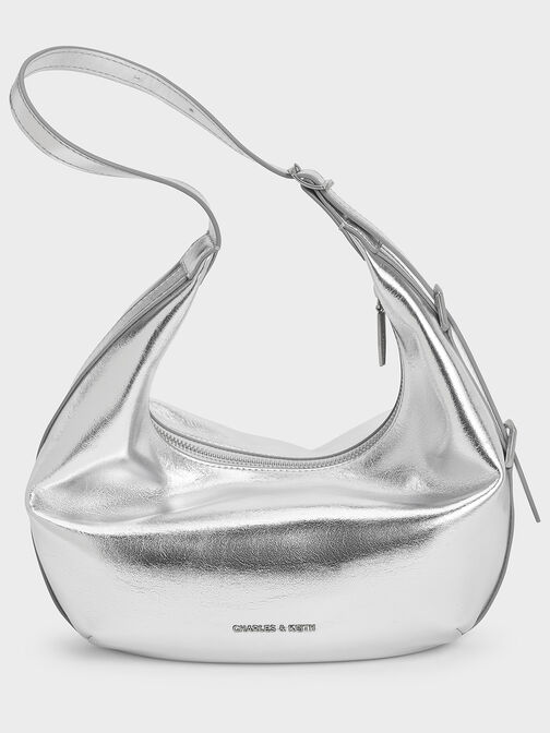 Bryna Metallic Curved Hobo Bag, Silver, hi-res
