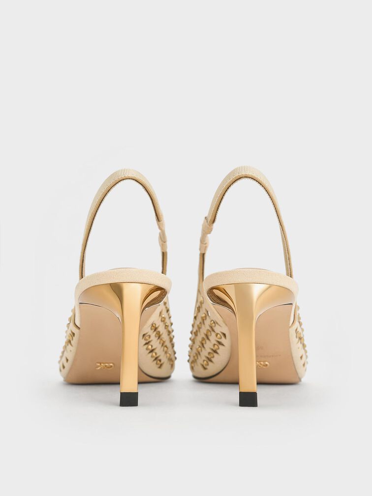 حذاء مرصع بمقدمة مدببة وكعب كيتن وتصميم سلينجباك مكشوف الظهر مزين بفتحات, كريم, hi-res