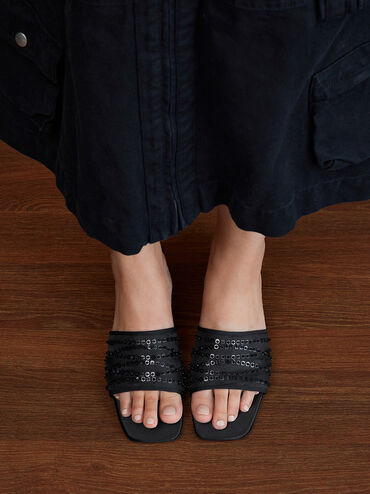 Mesh Sequinned Block-Heel Mules, Black Textured, hi-res