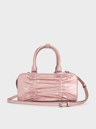 Kadee Metallic Ruched Bow-Charm Bowling Bag, Aura Pink, hi-res
