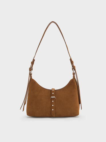 شنطة كتف لارك معاد تدويرها من شامواه بحزام, بني محمر, hi-res