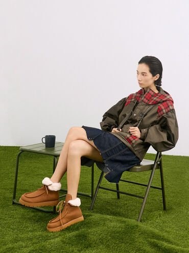 Textured Fur-Lined Ridged-Sole Ankle Boots, Brown, hi-res