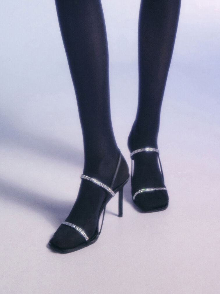 Arona Satin Crystal-Embellished Stiletto-Heel Sandals, Black Textured, hi-res