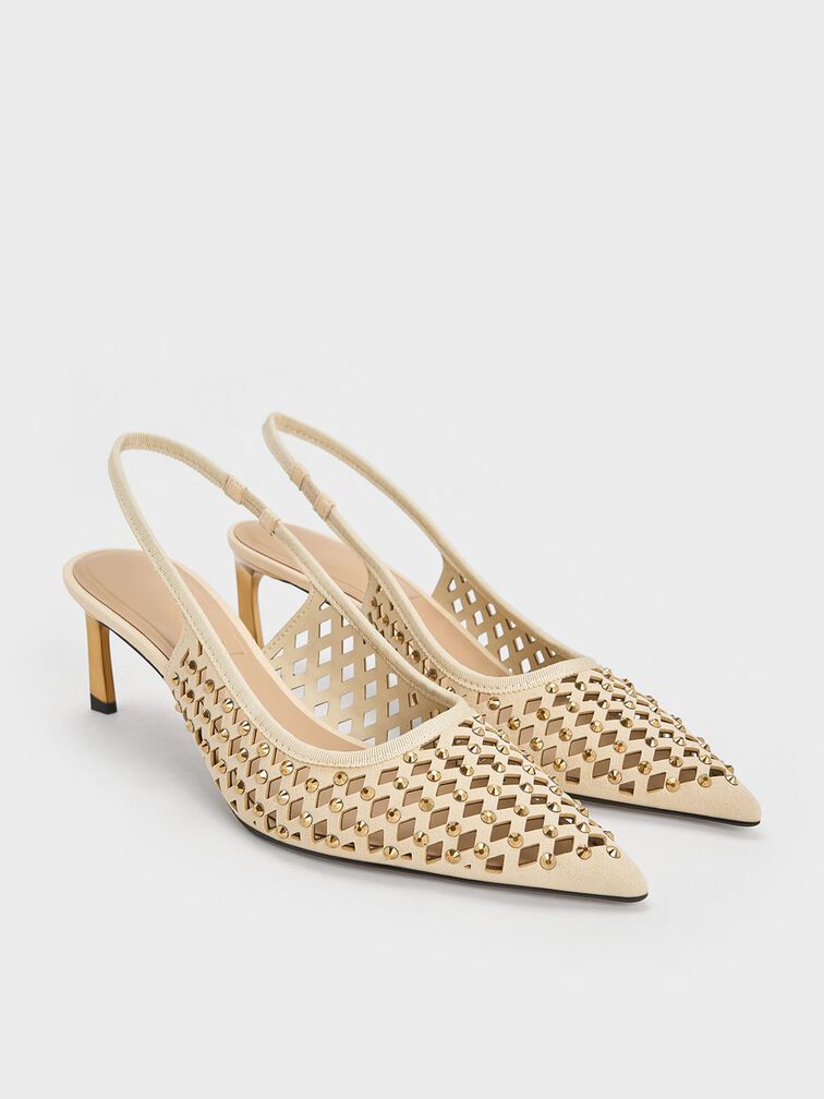 حذاء مرصع بمقدمة مدببة وكعب كيتن وتصميم سلينجباك مكشوف الظهر مزين بفتحات, كريم, hi-res