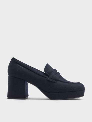 Felt Platform Penny Loafer Pumps, Dark Blue, hi-res