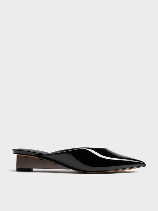Patent Translucent-Heel Wedge Mules, Black Patent, hi-res