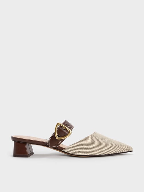 Sepphe Twill Cut-Out Heeled Mules, Brown, hi-res