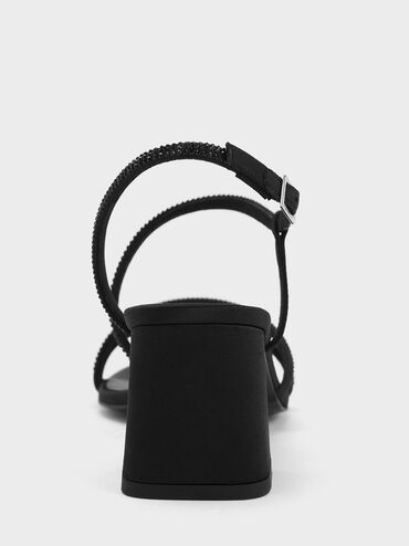 صندل من الساتان بكعب مربع وأشرطة وتصميم مزين بالكريستال, أسود خشن, hi-res