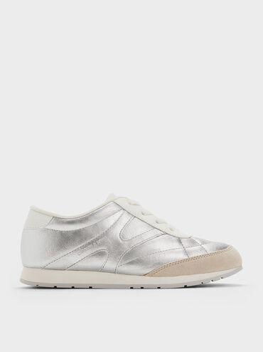 حذاء رياضي للبنات برقبة منخفضة مصنوع من الجلد السويدي الصناعي لون معدني, فضي, hi-res