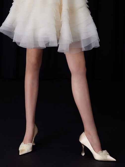 Recycled Polyester Beaded Bow Pumps, Champagne, hi-res