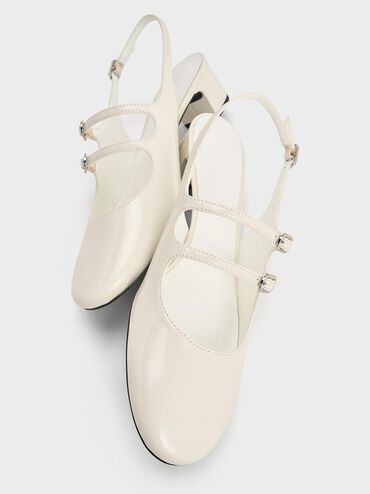 حذاء كليمنتاين بكعب وتصميم ماري جين مفتوح الظهر بمقدمة مغلقة وحزامين أماميين, أبيض طباشيري, hi-res