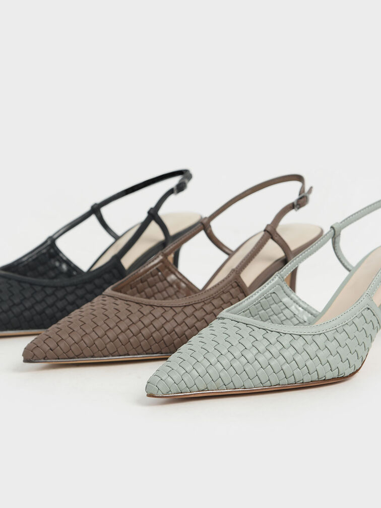 Woven Slingback Pumps, Sage Green, hi-res