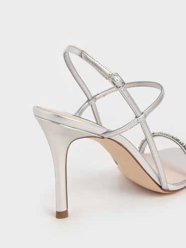 Gem-Embellished Strappy Sandals, Silver, hi-res