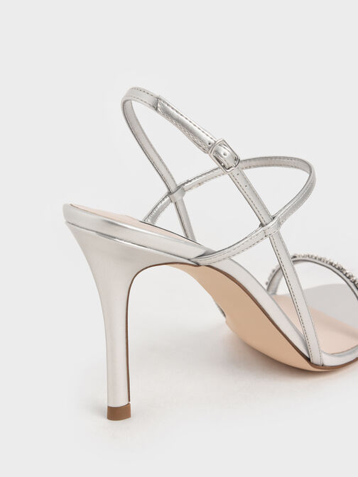 Gem-Embellished Strappy Sandals, Silver, hi-res