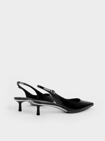 Curtis Patent Pointed-Toe Kitten-Heel Slingback Pumps, Black Patent, hi-res