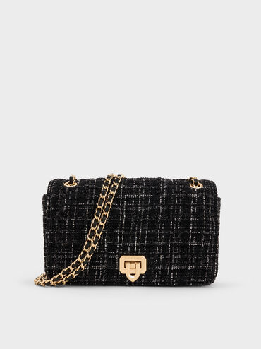 Arwen Tweed Diamond-Quilt Braided-Strap Shoulder Bag, Black Tweed, hi-res