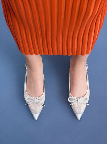 باليرينا شبكية مزينة بفيونكة بحزام خلفي, فضي, hi-res