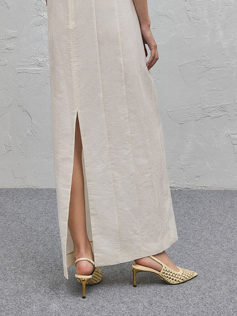 حذاء مرصع بمقدمة مدببة وكعب كيتن وتصميم سلينجباك مكشوف الظهر مزين بفتحات, كريم, hi-res