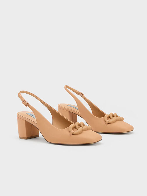 Chunky Chain-Link Slingback Pumps, Camel, hi-res