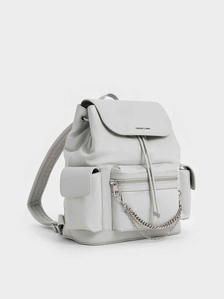 Nylon Puffy Chain-Link Backpack, Light Grey, hi-res