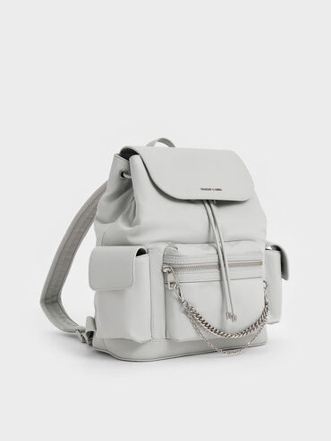 Nylon Puffy Chain-Link Backpack, Light Grey, hi-res