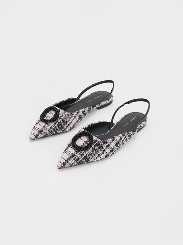 Beaded Circle Tweed Slingback Flats, Pink, hi-res