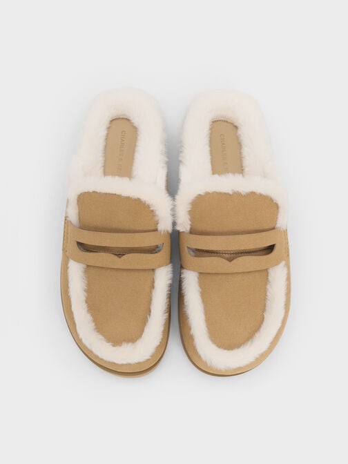 Recycled-Fur Flatform Mules, Sand, hi-res